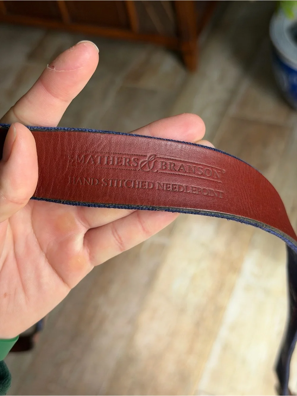Navy Embroidered Needlepoint Men's Belt with Leather Trim